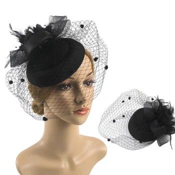 Sieviešu Modes Melns Plīvurs Top Hat Retro Vilnas Materiāla Kāzu Vakariņas Puse Uzņemšanas Grupa Temperaments Elegantās Cepures
