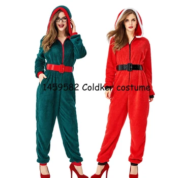 Ziemassvētku Jumpsuit Pidžamu Kapuci Rāvējslēdzēju Homewear Sieviešu Ziemas Jauno Silts Loungewear Santa Sleepwear Long Piedurknēm Ar Jostu