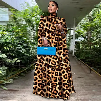 Leopards Drukāt Zaudēt Maxi Kleitu Modes Tradicionālo Āfrikas Kleitas Sievietēm Ar Garām Piedurknēm Augstu Uzrullētu Apkakli Ankara Halāti Boubou Femme