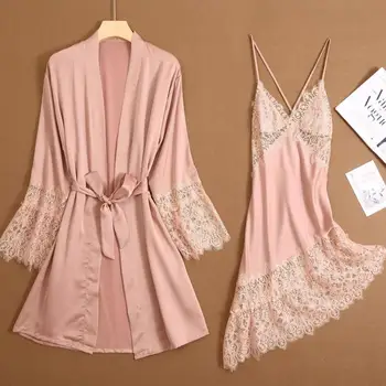 Tulin Modes Satīna Sieviešu Drēbes Sexy Viedokļa Peldmētelis Kimono Kleita Mežģīņu Naktskrekls Mīksto Intīmas Apakšveļa Sleepwear Ar Polsteriem