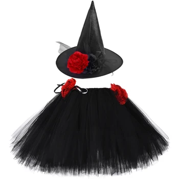 Ziedu Meitenes Ragana Tutu Svārki Apģērbs Bērniem Halloween Raganu Tērpi Bērnu Meitene Tilla Svārki ar Cepuri Bērniem, Pūkains Tutus