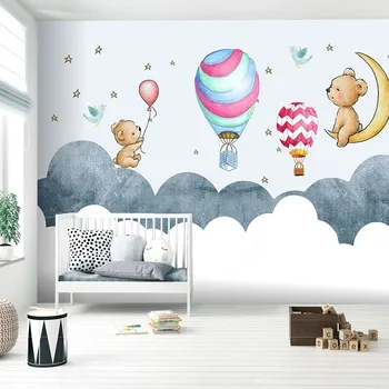 Pasūtījuma 3D Papel De Parede Mūsdienu Skandināvu Karikatūra ar Roku apgleznotus Panda Karstā Gaisa Balonu Bērnu Istabas Fona tapešu