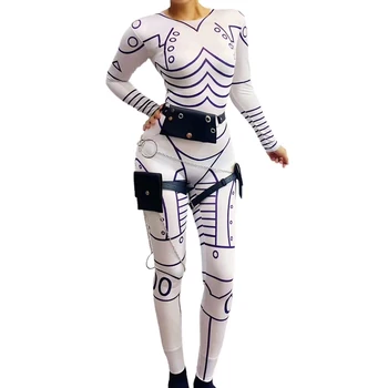 Halloween Robots Lomu Skatuves Kostīmu Punk Stila Balta Iespiests Sieviešu Stiept Jumpsuit Ziemassvētku Karnevāla Šovs Bodysuits