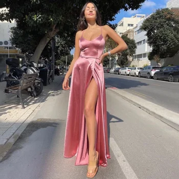 2023 Sexy V-Neck Garā vakarkleita Augstas Sadalīt Spageti Siksnas Balli Puse Kleitas Formālās drēbes de soirée Vestido De Fiesta