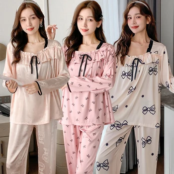 2022. gada Pavasarī, Rudenī garām Piedurknēm Zīda Satīns Print Pajama Komplekti Sievietēm korejas Gudrs Sleepwear Pyjama Homewear Pijama Mujer Drēbes
