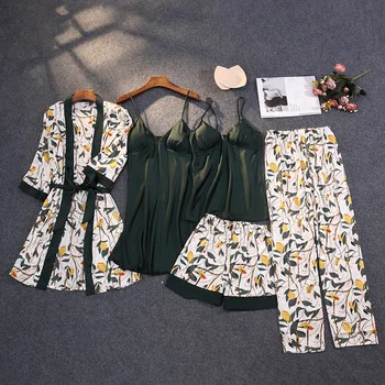 Pidžamas Uzvalks Sievietes Sexy PJS Uzstādīt Loungewear Satīna 5GAB Sleepwear Mežģīnes Raibs Peldmētelis Kimono Kleita ar V-veida Kakla Intīmas Apakšveļa