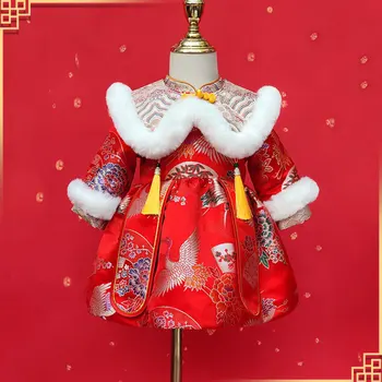 Baby Meitenes Pasaku Kostīms Jauno Gadu Apģērbs Hanfu Jauno Gadu Sarkanu Drukas Bieza Kleita Ķīniešu Stilā Cosplay Tang Uzvalks