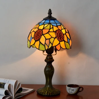 20cm Tiffany Ziemeļvalstu izcili vitrāžas vintage LED saulespuķu mājas interjeru galda lampas