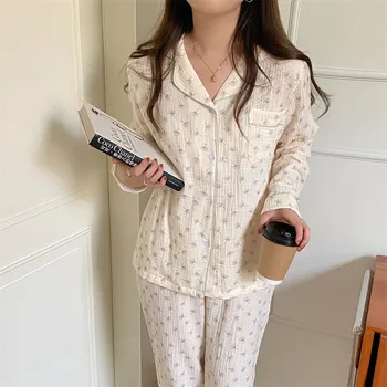 sleepwear bikses pyjama sieviešu homewear pieneņu drukāt marles kokvilnas pidžamas komplekts sievietēm pavasara rudens garām piedurknēm mājās pakalpojumu D055