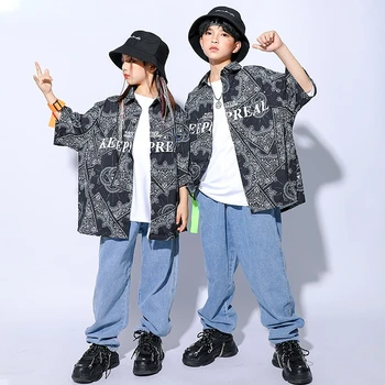 Zēni, Ielu Deju Drukāt Krekls, Džinsi Meitenēm Hip Hop Paisley Apģērbu Komplekts Bērniem Cool Jazz Bikses Tērpiem Pusaudžu Rap Kostīmi Streetwear
