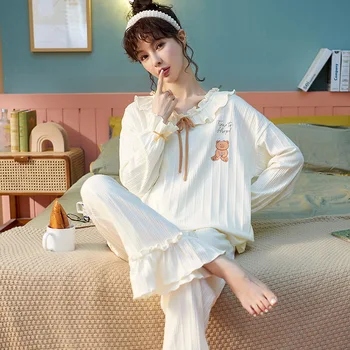 2022. gada Rudenī Sleepwear Kokvilnas Mājas Apģērbu Plus Lieluma M-2XL Naktsveļu Pavasara garām Piedurknēm Miega Top Bikses pijama mujer