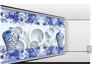 3D foto tapetes pielāgotas 3d sienu gleznojumi tapetes, 3d TV iestatījumu sienas ir zilas un baltas porcelāna vāze 3d dzīves telpu dekorēšana
