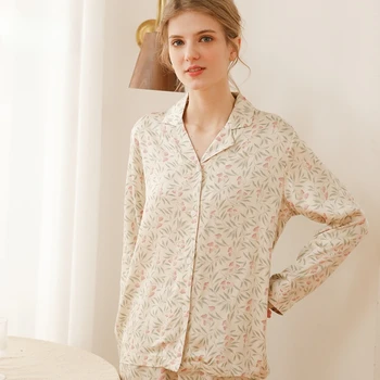 Elegants Ziedu Drukas Kokvilnas, ar garām Piedurknēm, Sieviešu Pidžamas Komplekts par 2022. gada Pavasarī Jaunākās Lily of Valley Sleepwear Bikses Uzvalki