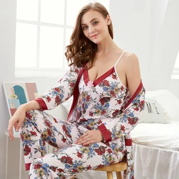 2022 Jauna Rudens 3PCS Sexy Kokvilnas Drukāt Pidžamas Komplekti Sievietēm ar garām Piedurknēm ar Mežģīņu Tērpu Sleepwear Homewear Pijama Mujer Mājas Drēbes