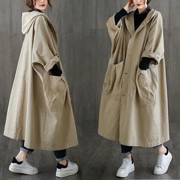 Kapuci Uzrakt Mētelis Sievietēm Lielas Kabatas Ar Garām Piedurknēm Tranšejas Birojs Modes Korejiešu Stilā, Virsdrēbes Dāma Rudens Drēbes
