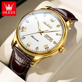 OLEVS Vīriešu Pulksteņi Top Zīmolu Luxury Gold Plated Lieta Mehāniskās Skatīties Modes Vīriešiem Skatīties Gaismas 30M Ūdensizturīgs Pulkstenis Reloj 9932