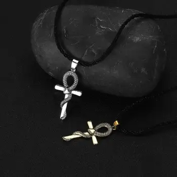 QIAMNI Amuletu Ēģiptes Ankh Krucifiksu Kaklarotas, Kuloni, simbolizē Dzīvību Krusta Čūska Kaklarotas Reliģisko Rotaslietas Sievietes Vīrieši 