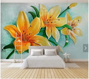 Pasūtījuma papel DE parede 3d, reljefs zelta lilija sienas, lai dzīvojamā istaba guļamistaba, dīvāns fona dekoratīvās tapetes