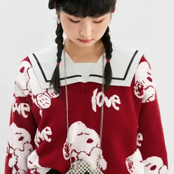 2022 Jaunu Snoopy Rudens Cute Salds V-veida Kakla Trikotāžas Džemperis M-Xl Kawaii Anime Multfilmu Modes Ins Vaļīgas Drēbes Meitenēm Dāvanas