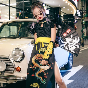 Jauna, Ķīniešu Stila Cheongsam Kleitu, Uzvalku Bērniem Hip Hop Apģērbu, Meiteņu Džeza Deju Tērpus Skatuves Sniegumu Skatēs Apģērbs XS4035