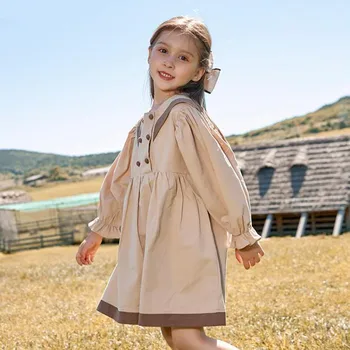 Rudens Pavasara Garām Piedurknēm Kleita Meitenēm Modes Peter Pan Apkakli Ceļa Garums Tērpi Bērniem, Dzimšanas Dienu, Kāzu Drēbes
