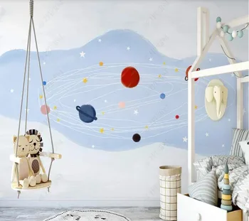Pasūtījuma papel parede roku apgleznoti anotācija karikatūra, kosmosa planētas bērnu istaba dzīvojamā istaba guļamistaba dekorēšana tapetes