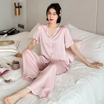 ROZĀ Mākslīgās Zīda Pidžamas Komplekts Sievietēm Jaunas 2GAB Sleepwear Īsām Piedurknēm Krekls&Bikses Vasaras Loungewear Gadījuma Pijamas Uzvalks Homewear