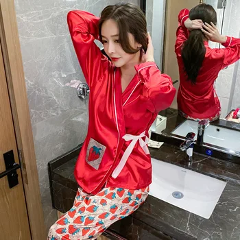 Seksīgas Pidžamas Sieviešu Pavasara Rudens Ledus Zīda Garām Piedurknēm Rudens Ziemas Japāņu Jauki Korejiešu Versija Sweet Home Apģērbu Komplekts