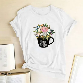 Bet Pirmo Kafijas Print T-krekls Sievietēm O Kakla Vasaras Tee Krekls Ikdienas Īsās Piedurknes Zaudēt Smieklīgi Topi Sievietēm Vetement Femme 2021