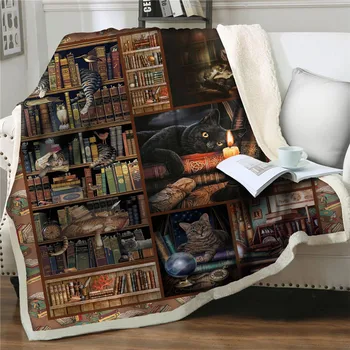 Bibliotēka melnais kaķis, 3D Iespiesti Samta Plīša Mest Vilnas Segas, gultu Pārklāji Sherpa Segas, Dīvāna Segu Segtu Ceļa Nap Pakaiši