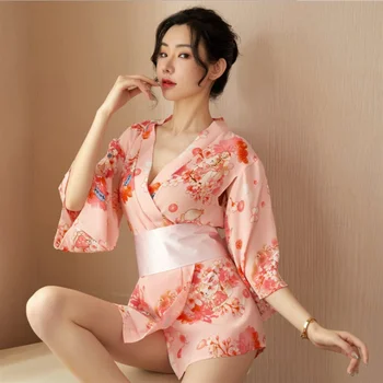 Sexy lingerie jauno Japānas iespiesti šifona korsešu kimono kaislība Vienoti uzvalks peldmētelis