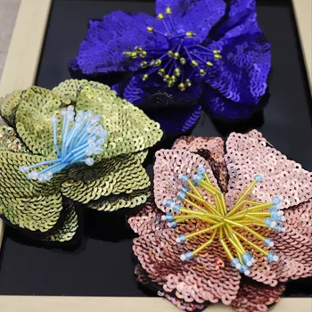 Roku darbs fāzēm 3 krāsu vizuļi lielu ziedu auduma uzlīmes, apģērbu diy piederumi dekoratīvie plāksteris uzlīmēm