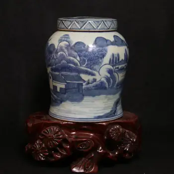 Antīko QingDynasty porcelāna trauciņu,Zilās un baltās ainavas pot,ar roku apgleznoti amatniecība,Apdare,kolekcija& rota,Bezmaksas piegāde