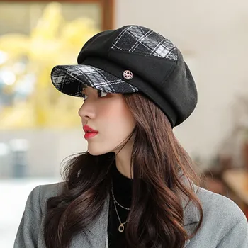 Fall Winter Britu Modes Cepures Korejiešu Stilā Vintage Pleds Astoņstūra Formas Cepure Sievietēm Sieviešu Pretvēja Silta Meitene Berete Newsboy Klp