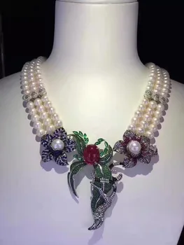 dabiskā saldūdens pērļu kaklarota kāzu kaklarota 925 sudraba ar kubikmetru zircon ziedu vairāku slāņu modes rotaslietas