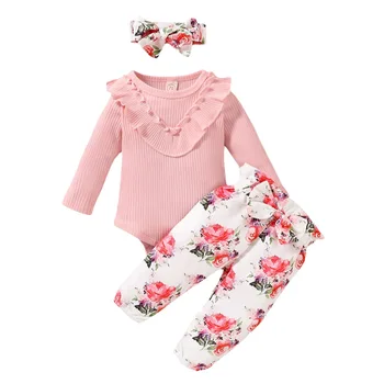 Bērnu Meitene Cute Romper Bikses Komplekti Apģērbu Ar Garām Piedurknēm Romper Top +Ziedu Bikses Galvu Apģērbs Apģērbs