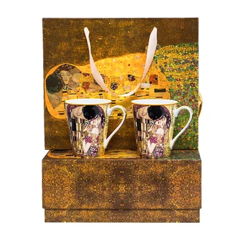 Klimta skūpsts dizains 2 gab keramikas kafijas krūze & smalks porcelāns 2 kafijas krūzes ar dāvanu kastē