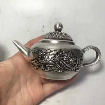 MOEHOMES Kolekcionējamus Dekorēts Miao silver dragon phoenix cirsts dekoratīvās roku darbs tējkanna mājas apdare, Metāla amatniecības Tējas Katls