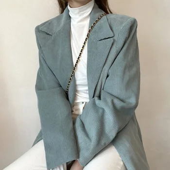 Ir 2021. Dāmas korejas Šiks Rudens Retro Atloks Divas Pogas Dizains Zaudēt Kabatas Stepēts Velveta garām piedurknēm Gadījuma Modes Acket