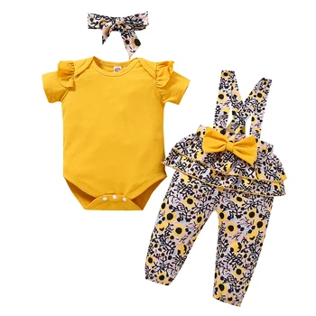 0-18M 3Pcs Modes Baby Meitenes Apģērbs, vienkrāsainu Apaļu Apkakli, Īsām Piedurknēm Romper + Drukas Zeķu Bikšu + Priekšgala Cepures