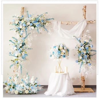 Kāzu vienošanās, dekoratīvie puķu rindu ceļu arka durvju komplekts ziedu kāzu skatuves fona zilas simulācijas ziedu kompozīcijas