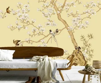 Pasūtījuma 3D wallpaepr,Magnolijas ziedu putni papel de parede,viesnīcu, restorānu, viesistaba, dīvāns, TV sienas guļamistabā 3d sienas gleznojumu