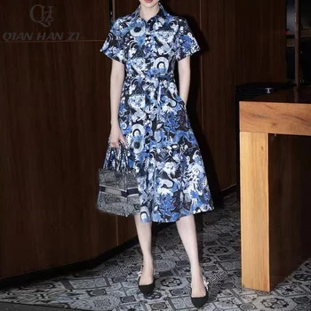 Qian Han Zi Dizaineru Modes Vasaras Kleita sievietēm Vintage 100% kokvilnas modelis drukāt augstas kvalitātes josta slim brīvdienas kleita