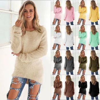 2021autumn Ziemas Jaunas Elegantas Modes O Kakla Cieto Sieviešu Džemperis Gadījuma Zaudēt garām Piedurknēm Pūkains Dāmas Puloveri Knitt Džemperis