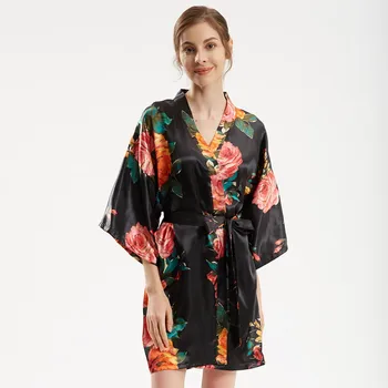 Sexy Satīna Sleepwear Peldmētelis Kimono Lielajam Garš Naktskrekls Drukāt Ziedu Sievietes Kāzu Tērpu Viskozes Kleita Gadījuma Intīmas Apakšveļa
