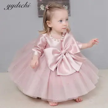 Rozā Baby Puķu Meitene Kleitas 2022 Garām Piedurknēm Pērle Bērniem Dzimšanas Dienas Ballīti Kāzu Kleita Princese Loku Vestidos Para Niñas