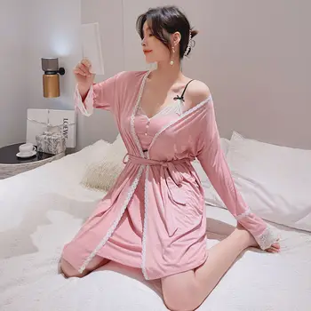 Mežģīnes Sleepwear Divas Gabals Tērpu Komplekts Sievietēm Sexy Peldmētelis Kimono Kleita Mīksts Atpūtas Valkāt V-Veida Kakla Naktskrekls Intīmas Apakšveļa